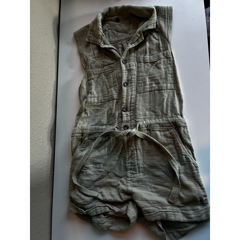Free People Women's Green Cap Sleeve Buttoned Cuffed Tie Front Romper Size XS